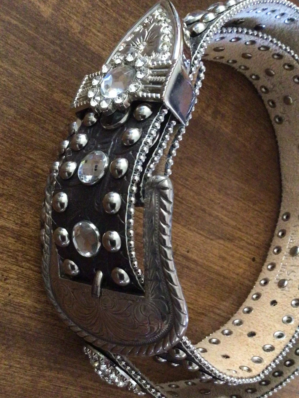 Black Studded Western-Style Leather Belt with Crystal Accents